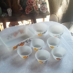 Anchor Hocking White Milk Glass Bowls and Casserole with Fruit Pattern